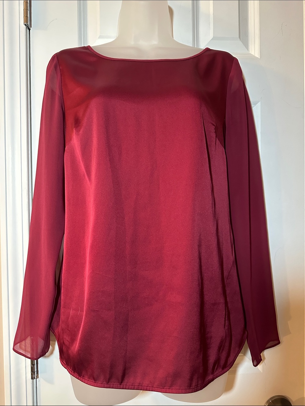 Ann Taylor Satin-Front Long-Sleeve Blouse in Burgundy